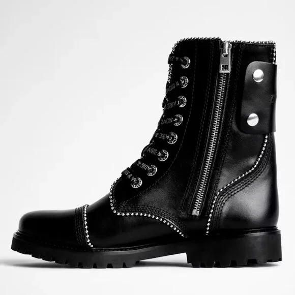 Zadig & Voltaire Womens Studded Black Leather Moto Lace Up Combat